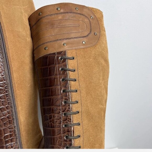 Vintage Avant Garde Just Cavalli Leather Knee High Boots Brown Croc Pointed Toe - Picture 3 of 7